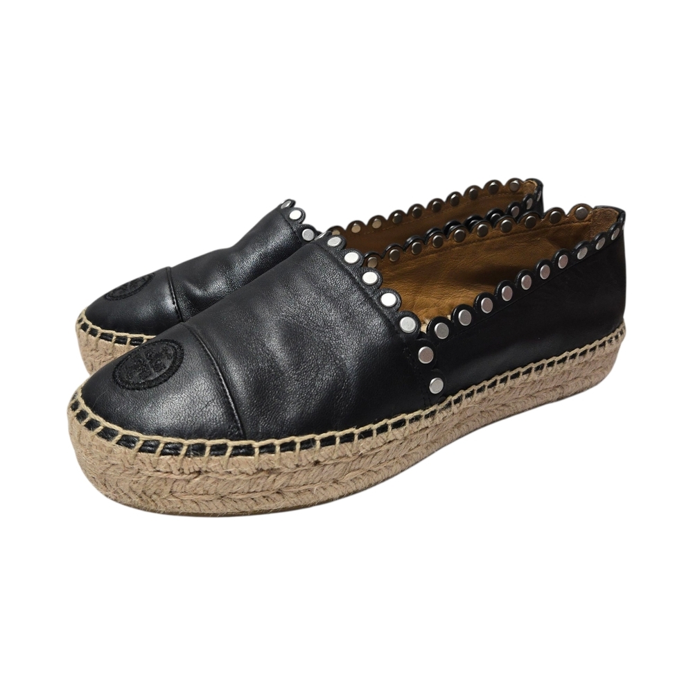 Tory Burch Color Block Scalloped Espadrille Flats Black Leather